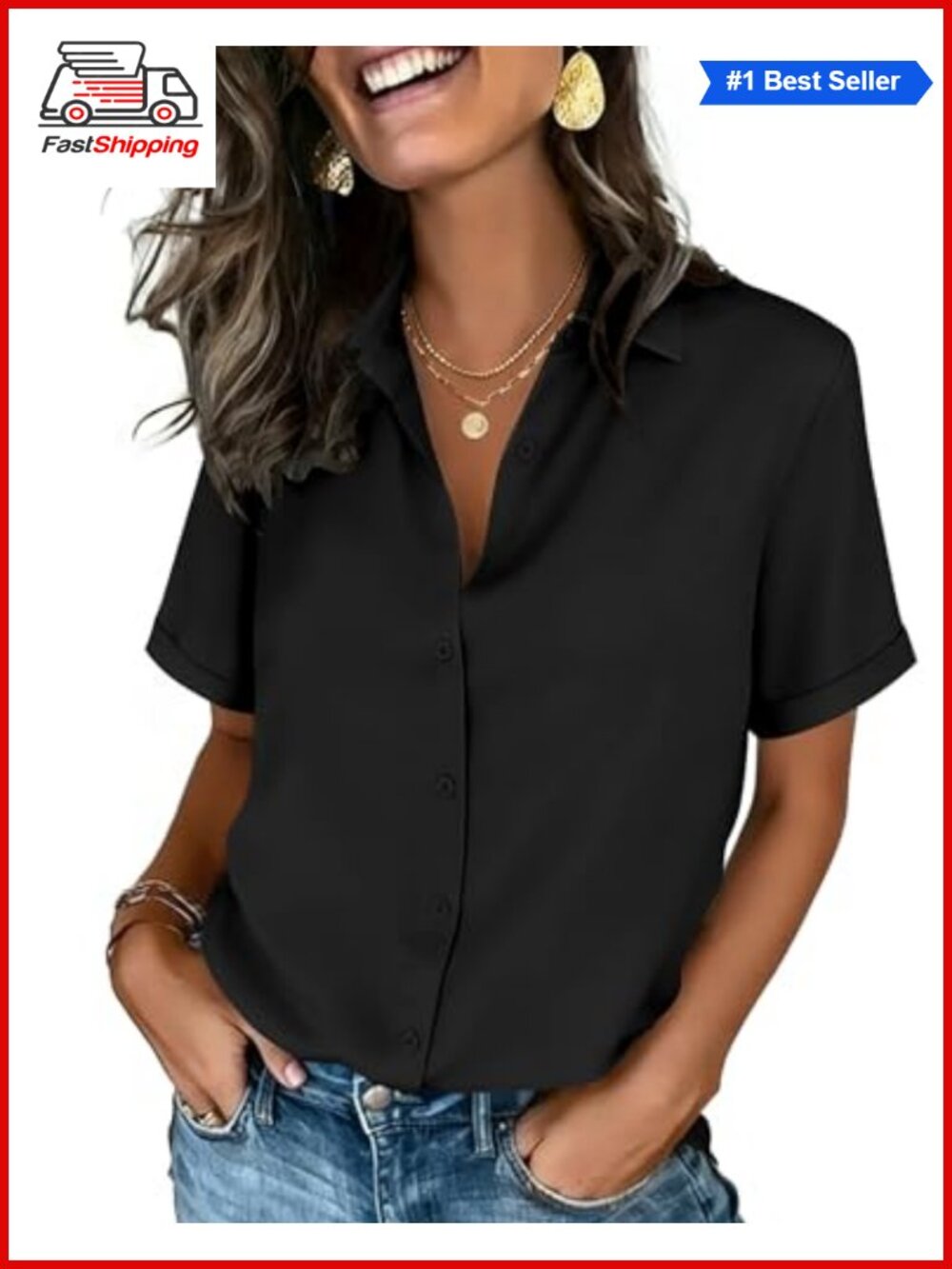 ✨Zeagoo Women's Button Down Short Sleeve V-Neck Blouse Dressy Casual Top